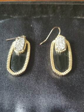 Gold-Tone Black Drop Earrings with Sparkle Accent - Unbranded
